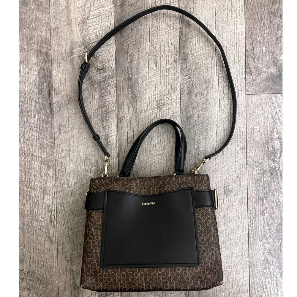 Calvin‎ Klein Monogram Logo Satchel Crossbody Bag Brown Black Gold Tone Hardware